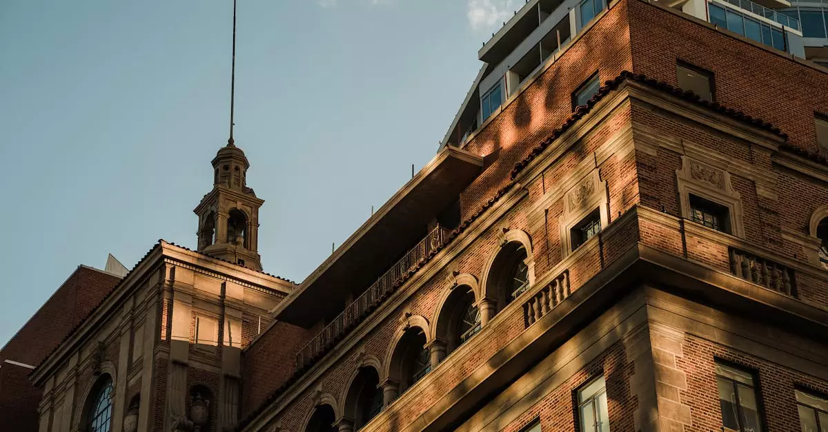 Elegant architectural detail of a historic building in Phoenix, Arizona, with warm sunset lighting.