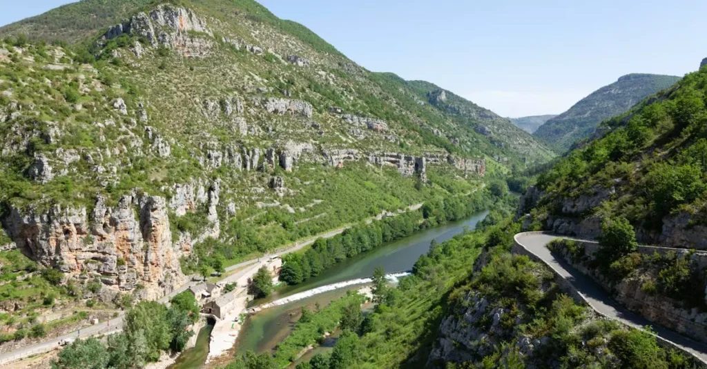 A stunning aerial view of the Gorges du Tarn with winding roads and lush greenery.