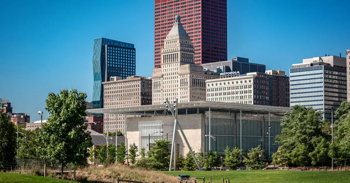 Panoramic view of Chicago's iconic skyline with lush park in the foreground and clear blue skies above.