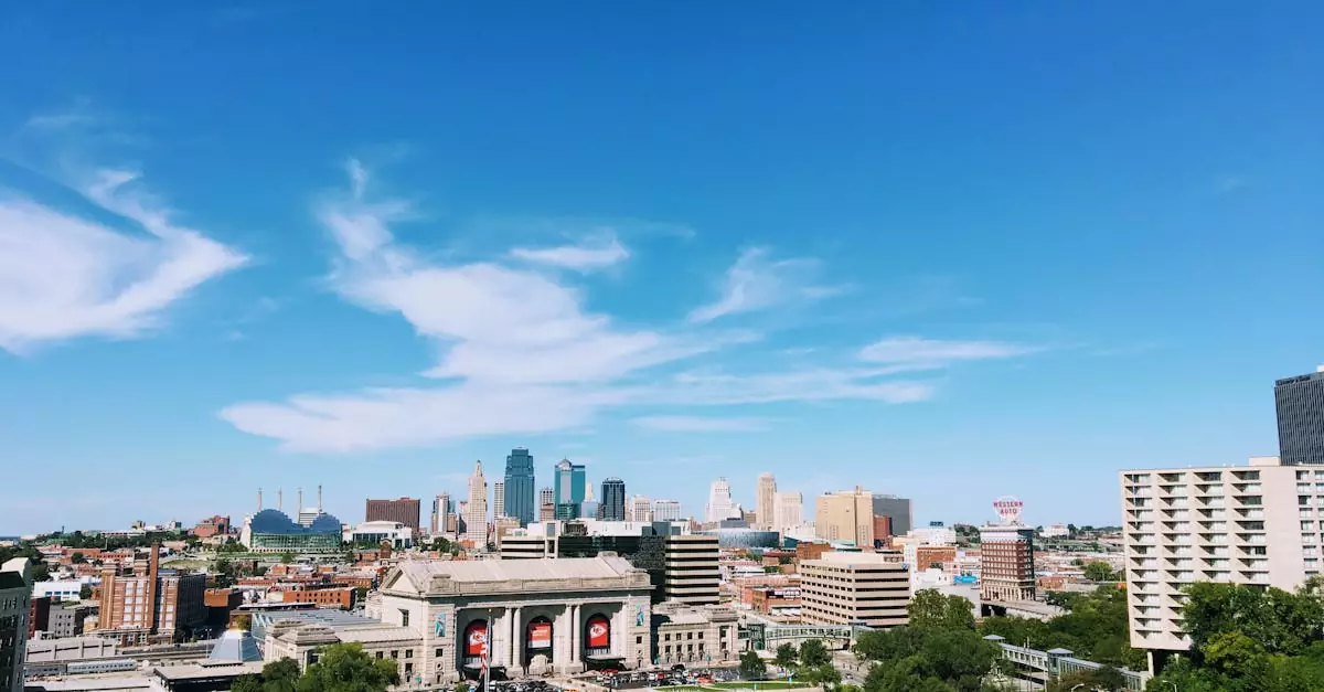 Wide-angle shot of Kansas City's skyline with clear blue skies and vibrant green foreground.