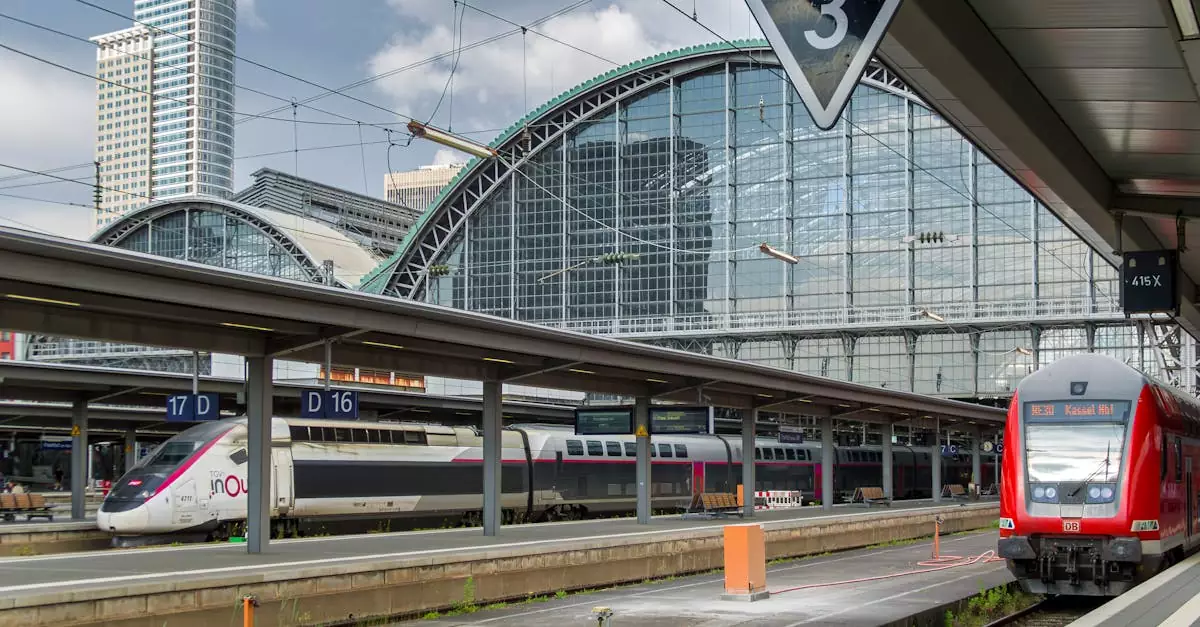 A bustling view of trains at Frankfurt's modern central train station, an urban transport hub.