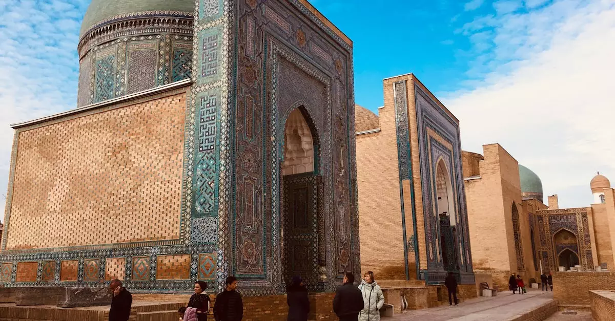 A view of the beautiful Shah-i-Zinda necropolis in Samarkand, showcasing remarkable Islamic architecture and tilework.