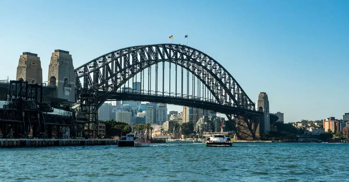View of Sydney Harbour Bridge with city skyline and boats on a clear day.