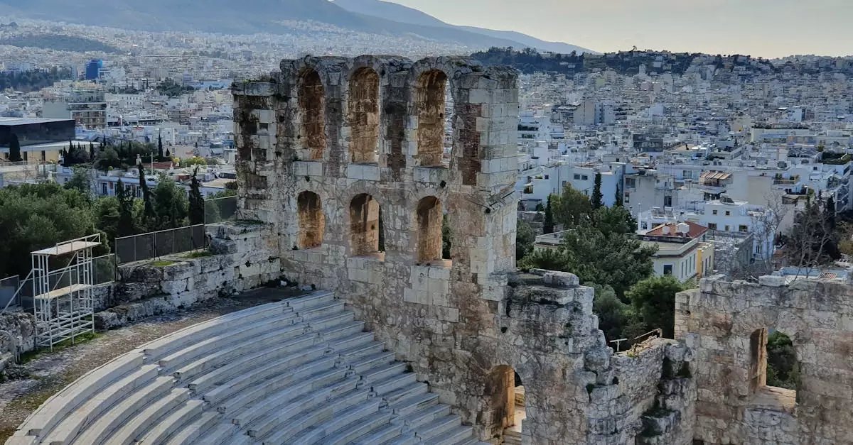 View of the ancient Odeon of Herodes Atticus with Athens cityscape in the background.