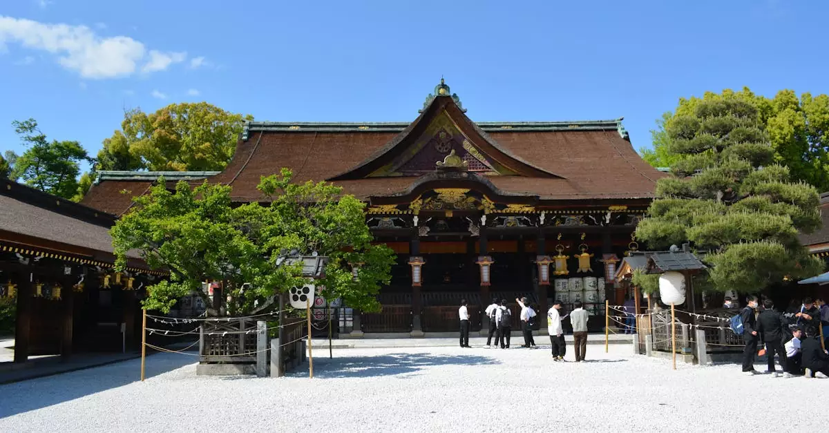 Traditional Japanese shrine with a serene atmosphere in Kyoto, Japan.