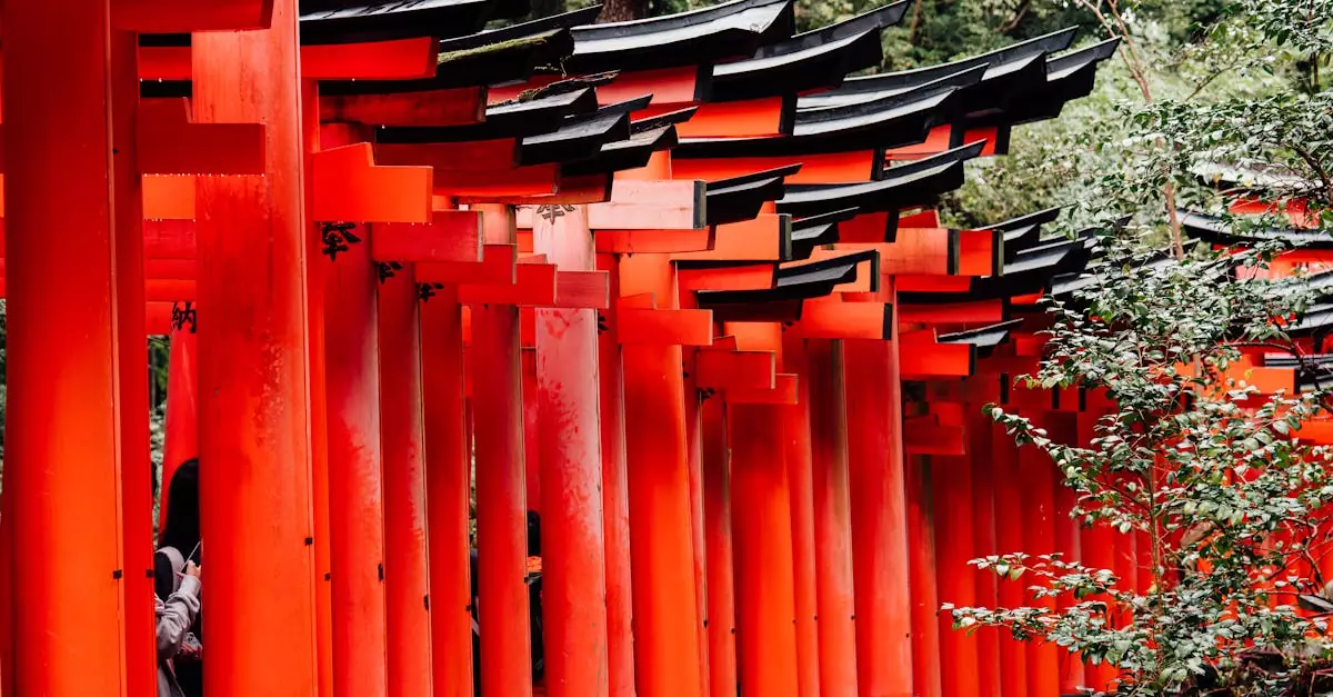 Explore the vibrant red torii gates at Fushimi Inari Shrine in Kyoto, Japan, surrounded by lush greenery.