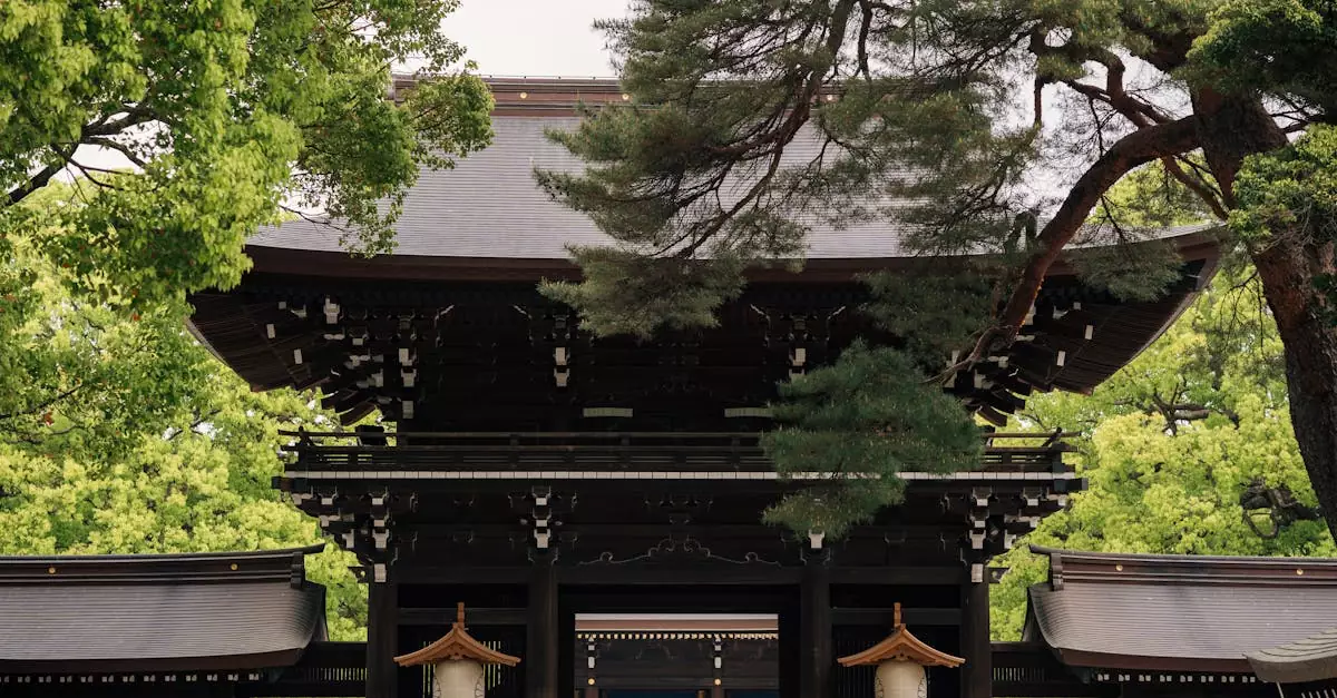 Visitors gather at the Meiji Shrine entrance surrounded by lush greenery in Tokyo.