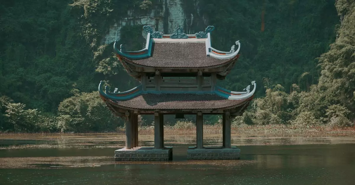 A serene floating pagoda amidst lush greenery on a calm Vietnamese lake.