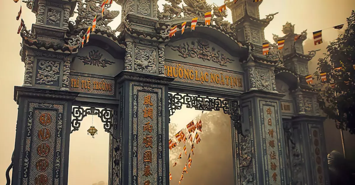 A misty scene featuring an ornate temple gateway in Vietnam, highlighting traditional architecture.