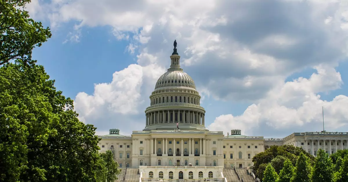 Historic view of the United States Capitol under a blue sky, showcasing iconic architecture.