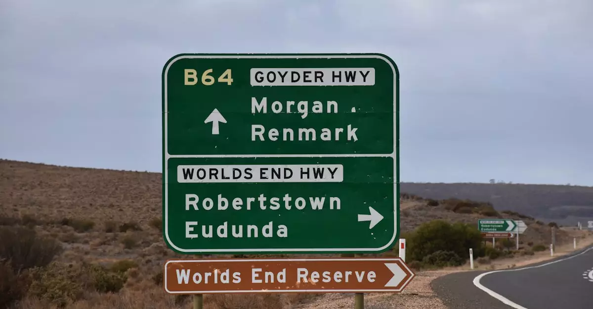 Highway signs directing to Morgan, Renmark, Robertstown, Eudunda, and Worlds End Reserve in Australia.