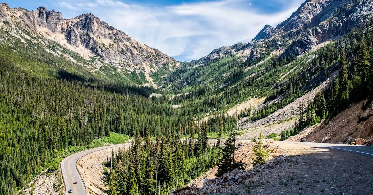 Breathtaking view of a winding highway through the Cascade Mountains in Washington, USA.