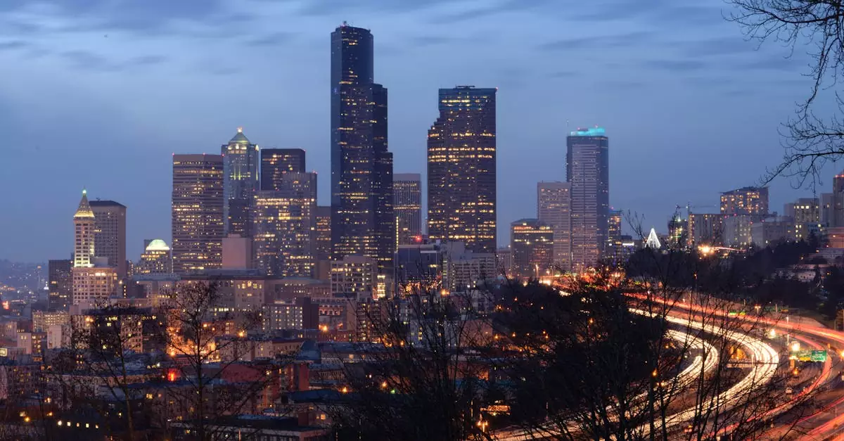 Stunning view of the illuminated Seattle skyline at night with dynamic light trails on highways.