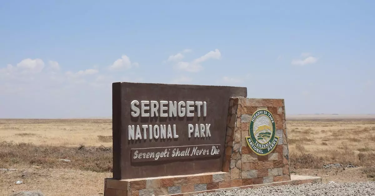 Iconic Serengeti National Park sign in Tanzania against a backdrop of expansive grasslands under a clear sky.