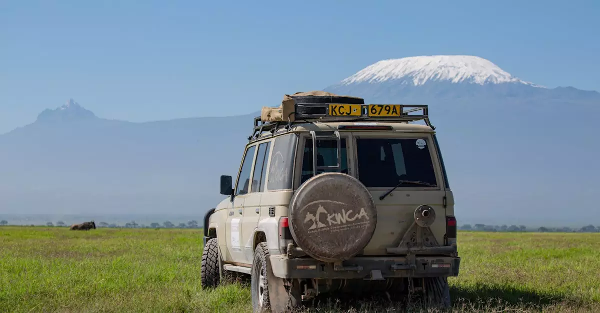 SUV parked on a grassy field with Mount Kilimanjaro in the background under a clear blue sky.