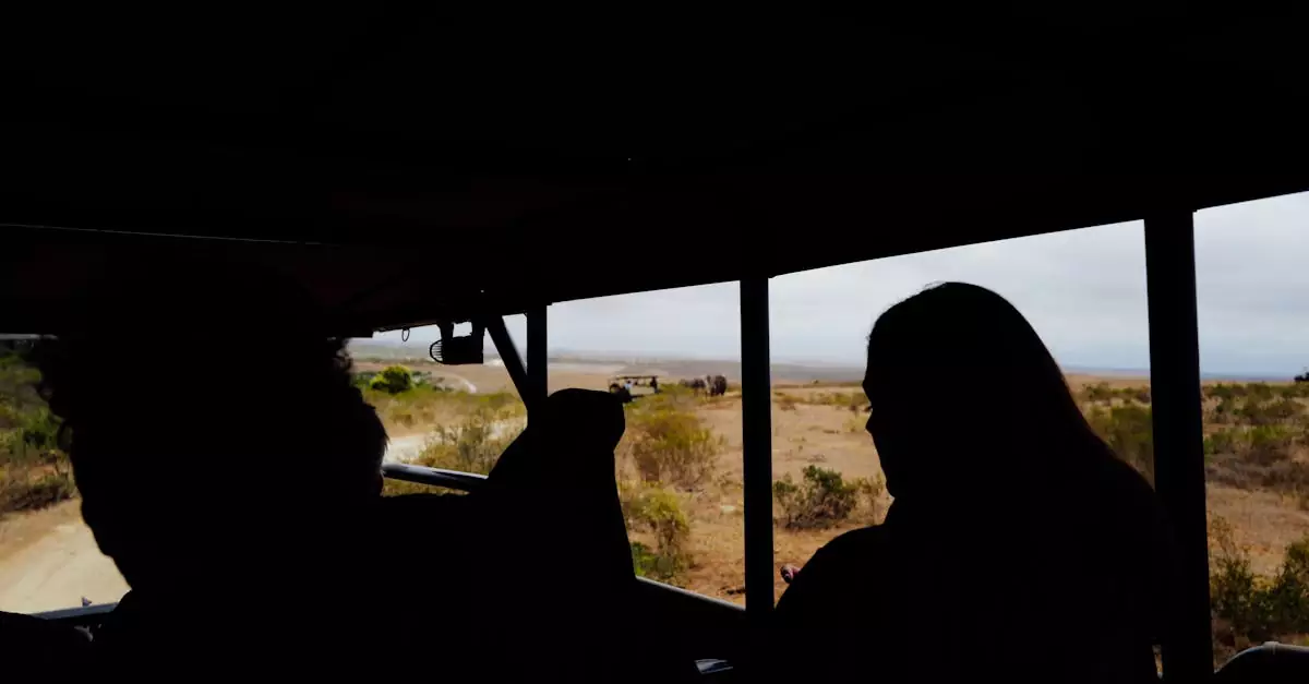 Silhouette of tourists on a safari viewing wildlife in an open vehicle.