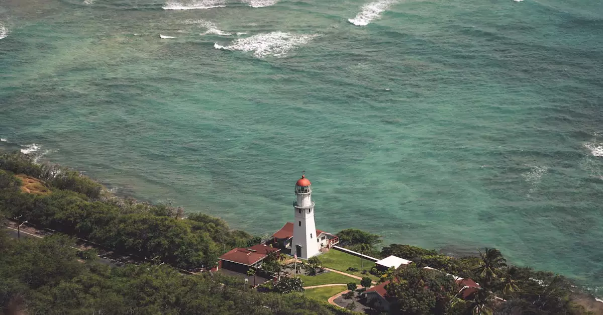 Stunning aerial view of Diamond Head Lighthouse surrounded by ocean and greenery in Honolulu, Hawaii.