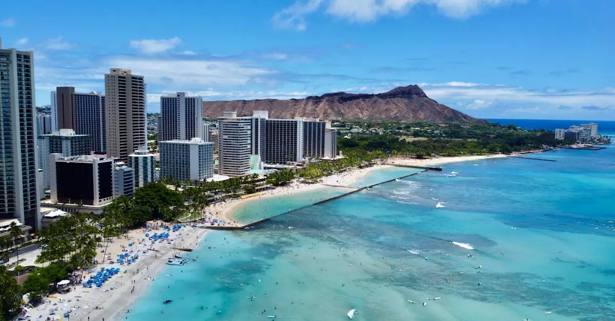 Stunning aerial view of Waikiki Beach and Diamond Head in Honolulu, Hawaii.