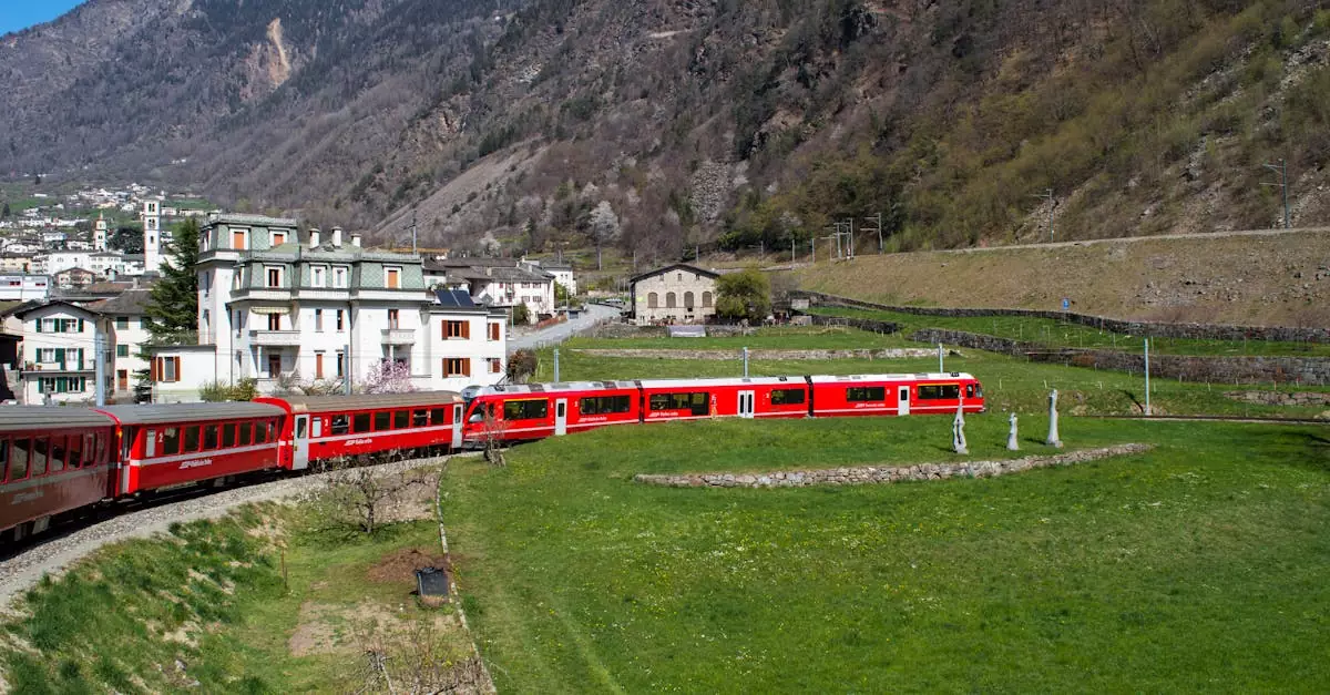 The iconic red Bernina Express train traverses a scenic valley in the Swiss Alps.