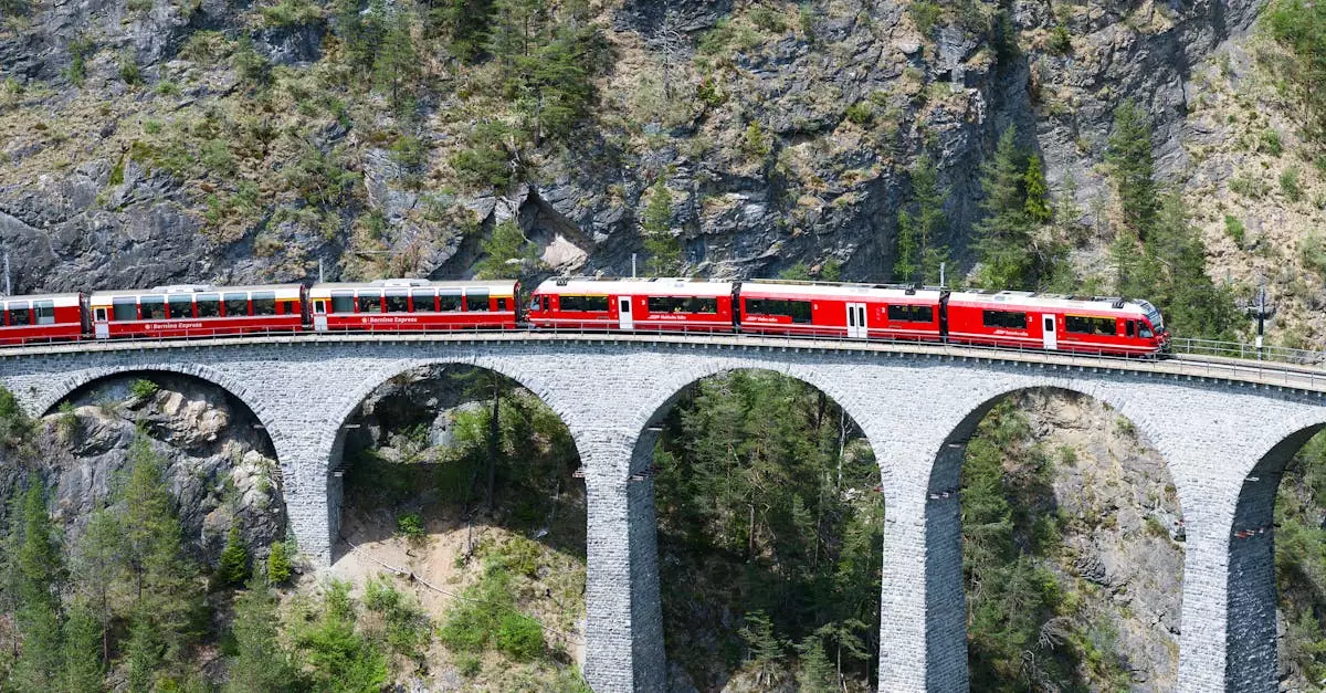 Stunning view of a red train crossing the iconic Landwasser Viaduct in the Swiss Alps.