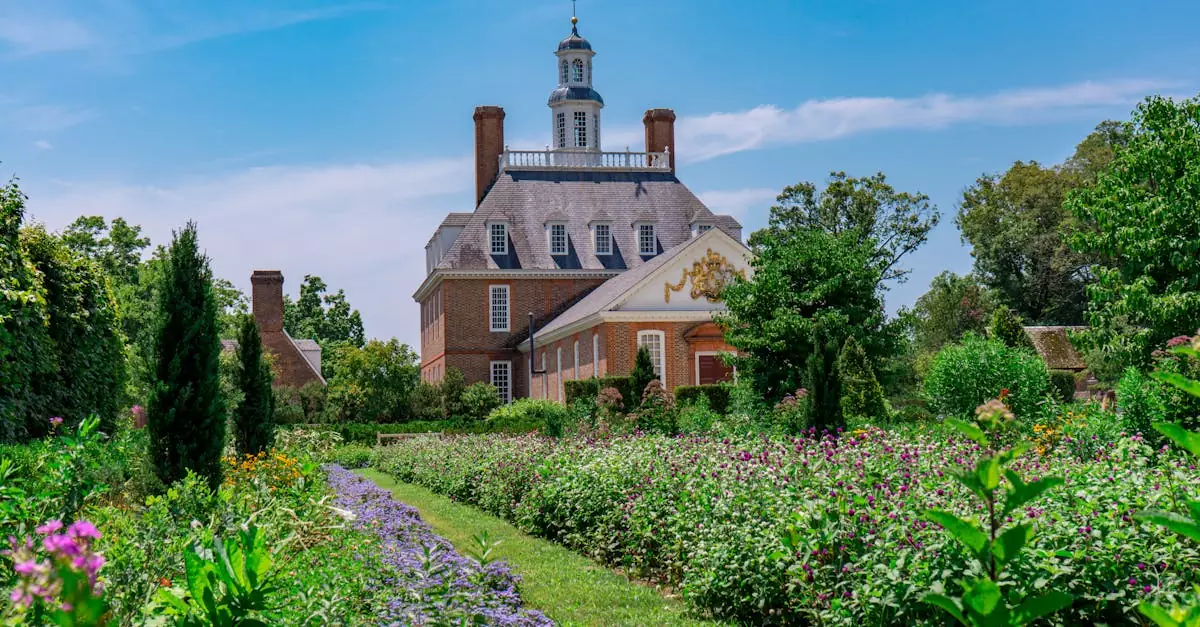 Beautiful colonial architecture and lush gardens at the Governors Palace in Williamsburg, Virginia.