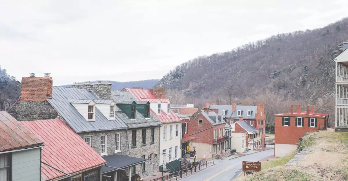 Picturesque view of a historic town with stone houses, chimneys, and a scenic mountain backdrop.