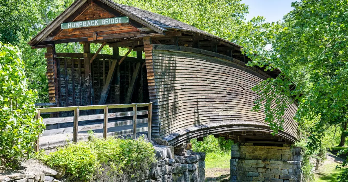 Explore the charming Humpback Bridge, a unique covered bridge in Lexington, Virginia.