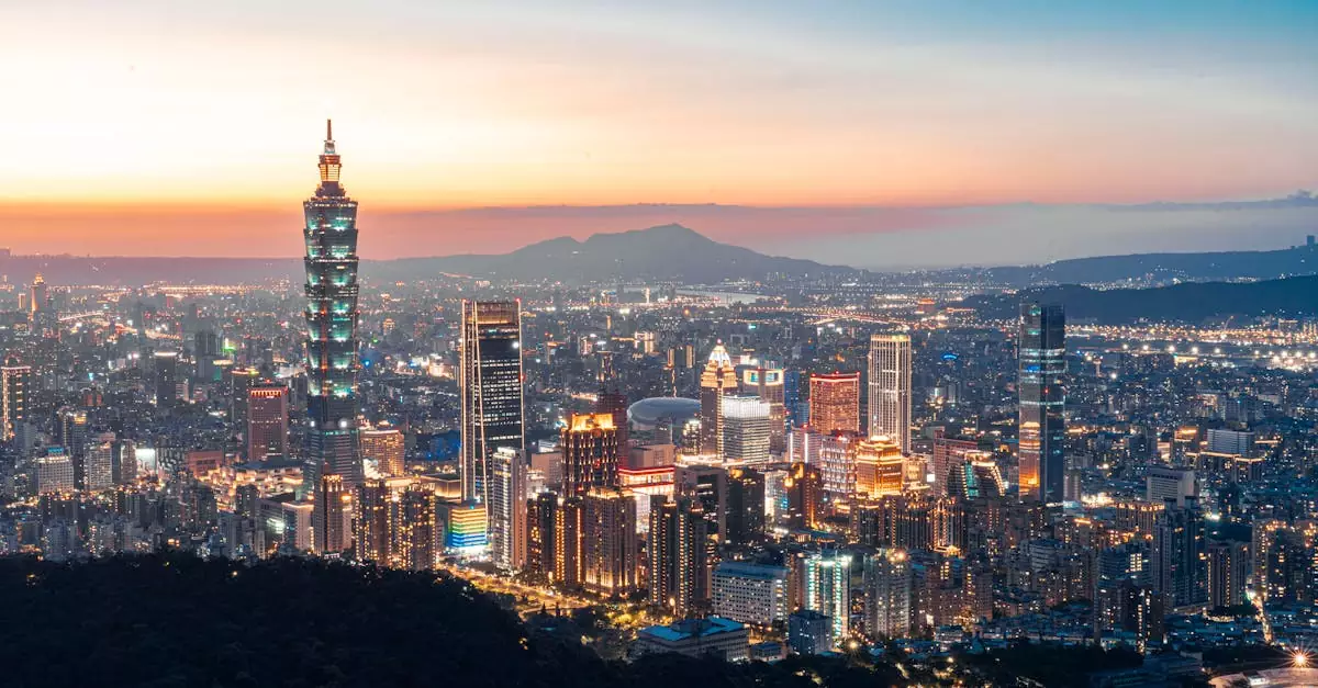 A stunning aerial view of Taipei's skyline featuring Taipei 101 during sunset.
