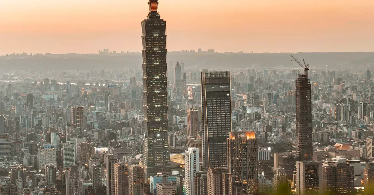 Breathtaking view of Taipei 101 amid the cityscape at sunset, showcasing Taiwan's vibrant skyline.