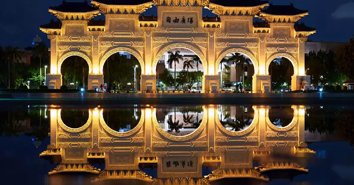 Beautifully lit gateway reflecting on water in Taipei, Taiwan at night.