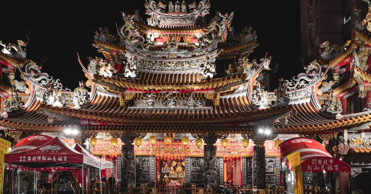 Illuminated temple facade at Raohe Street Night Market in Taipei, Taiwan, showcasing intricate architecture.