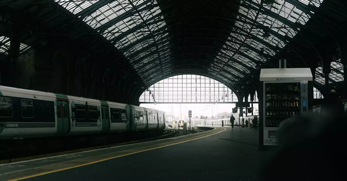 Long exposure of a classic train station in the UK with a vintage architectural roof.