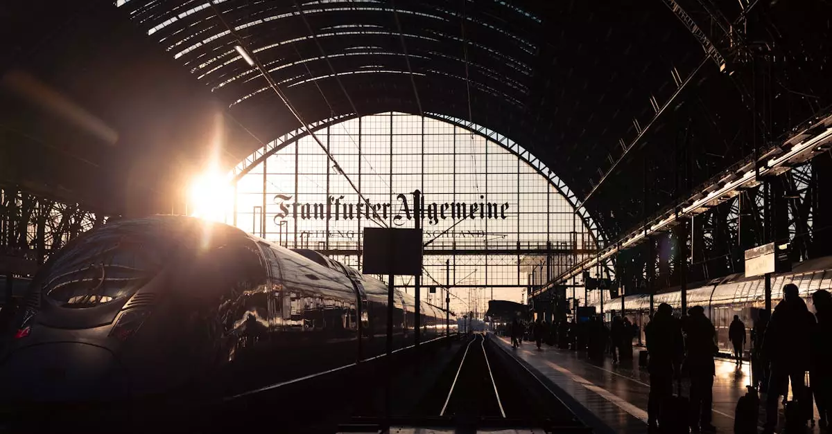 Beautiful sunset at Frankfurt's main train station with travelers and a modern train.