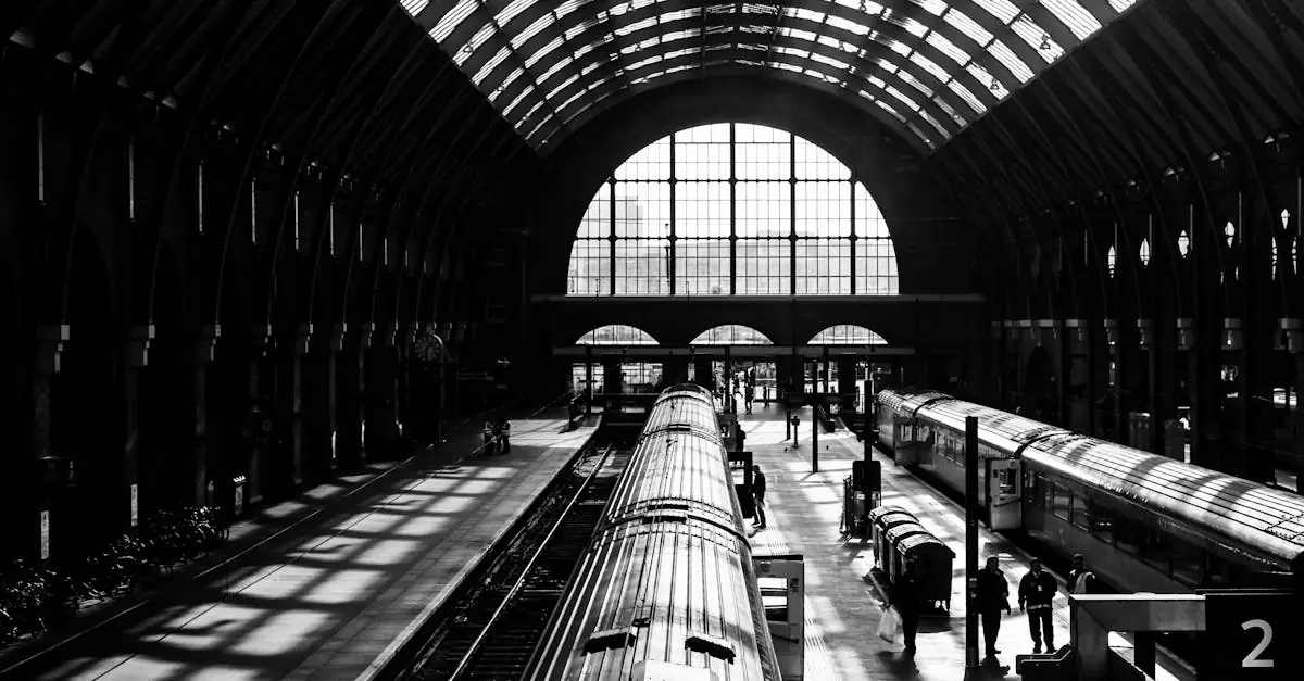 A striking black and white image of London's King's Cross Station interior, showcasing architectural symmetry.