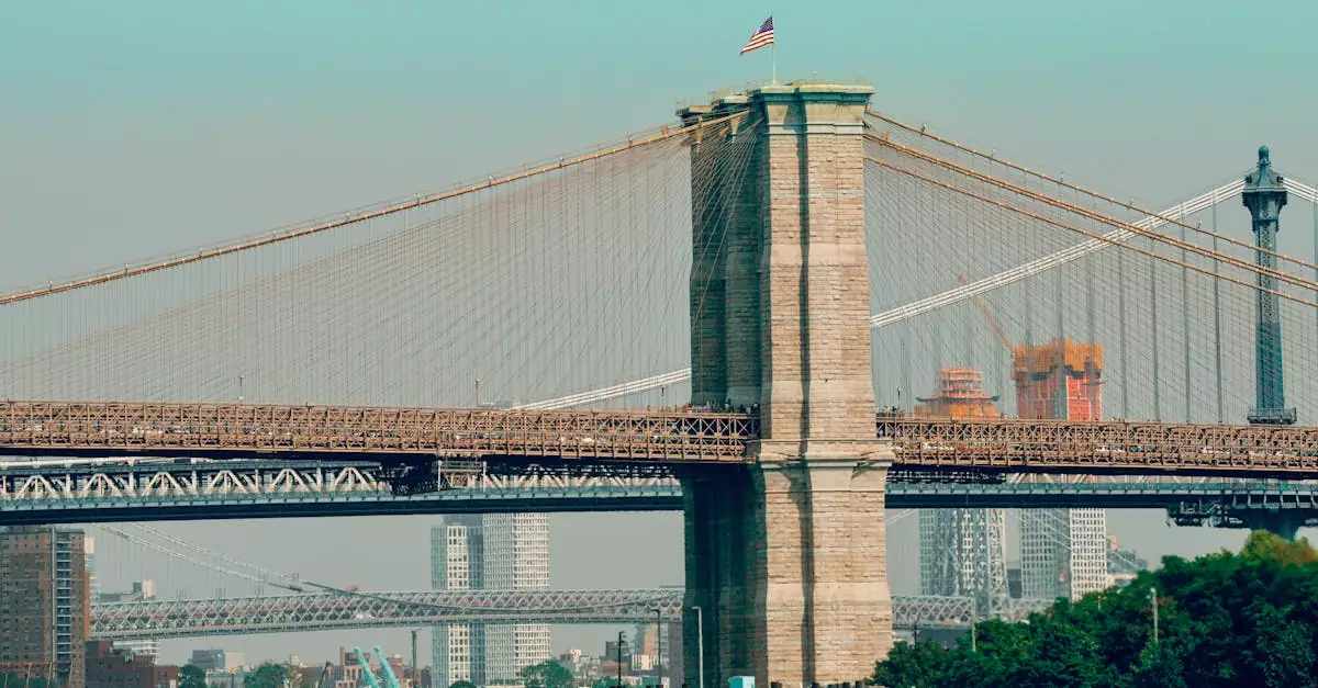 Scenic view of the iconic Brooklyn Bridge with New York City skyline in the background.