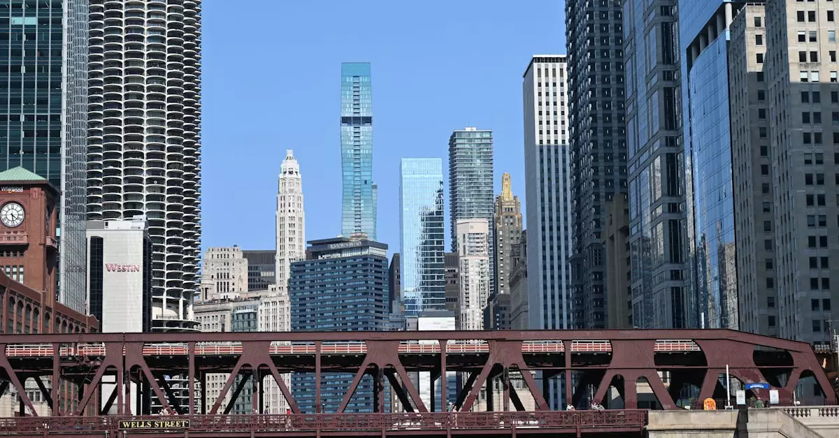 Scenic view of Chicago skyline showcasing Wells Street Bridge with clear skies.