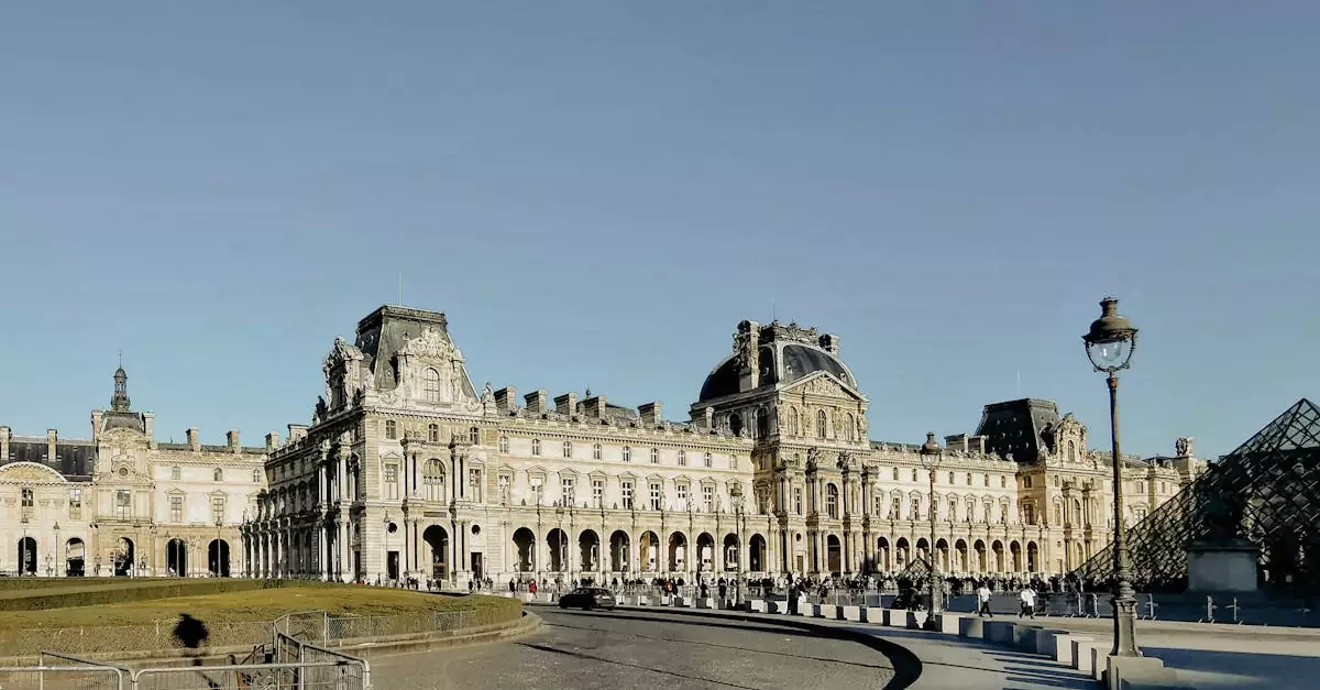 Scenic view of the Louvre Museum, Paris, showcasing its historic architecture and pyramid.