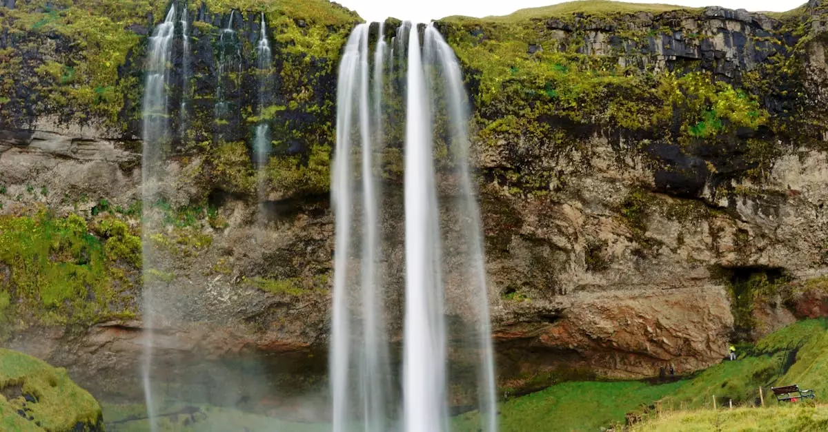 Majestic view of Seljalandsfoss waterfall cascading down rocky cliffs in Iceland's lush landscape.