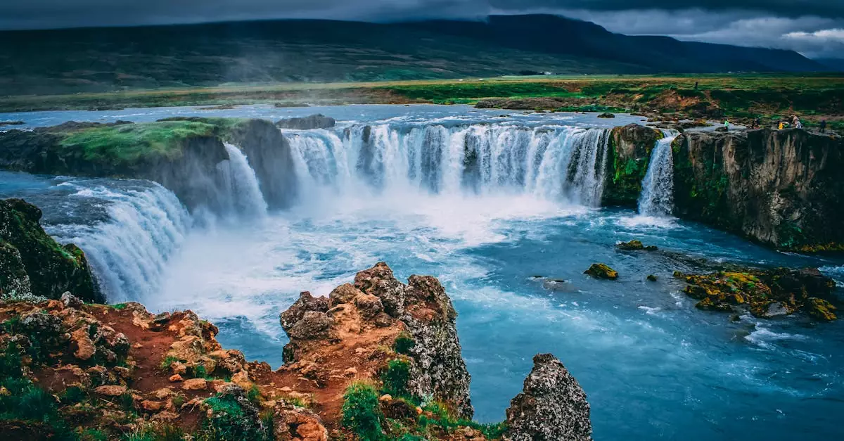 Discover the breathtaking beauty of Godafoss waterfall cascading in Iceland's stunning landscape.