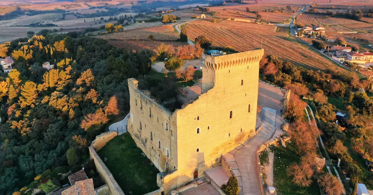 Stunning aerial shot of Ch&acirc;teauneuf-du-Pape castle in Provence, showcasing historical architecture and vineyards.