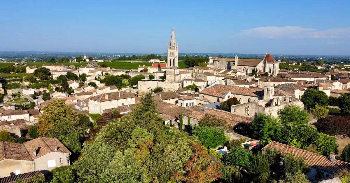 Picturesque aerial view of Saint &Eacute;milion, France showcasing Gothic architecture and vineyards.
