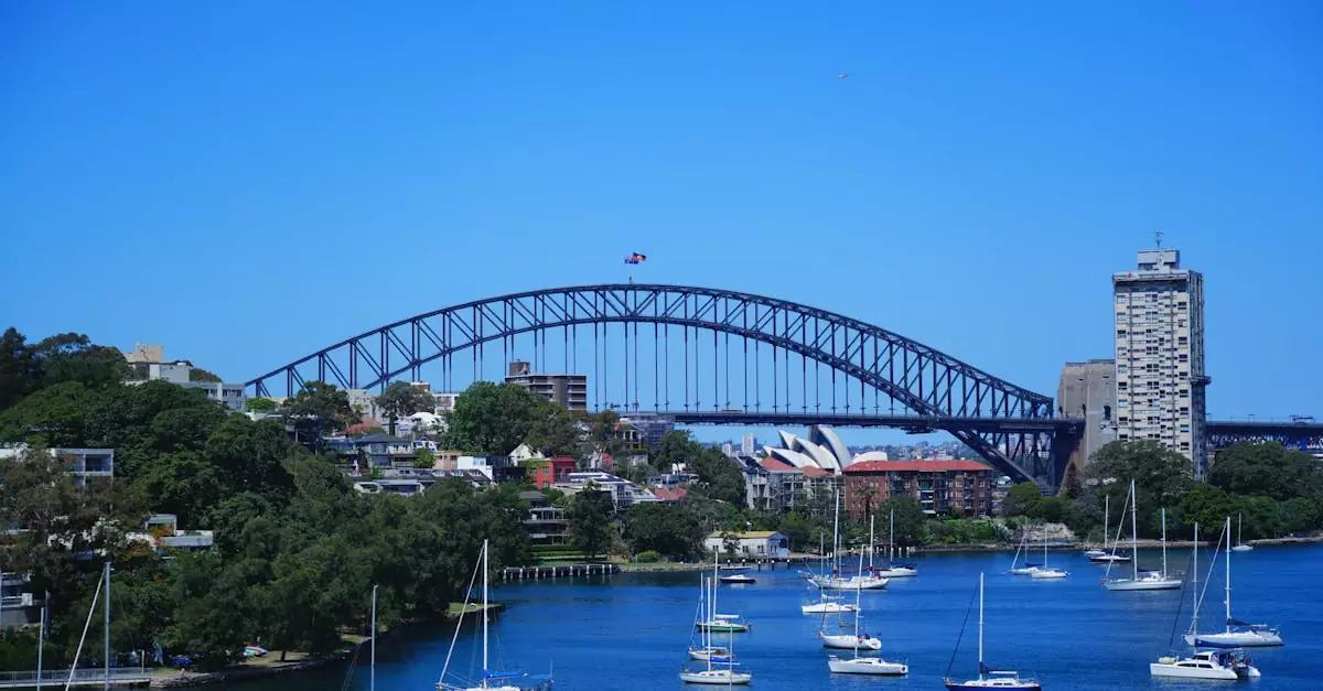 A vibrant daytime view of the iconic Sydney Harbour Bridge and Opera House with boats in the foreground.