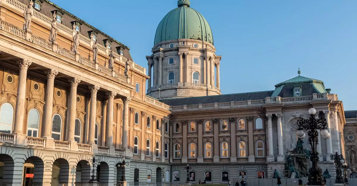 Exterior view of the historic Buda Castle in Budapest showcasing stunning Baroque architecture.
