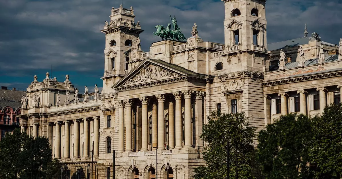 The grand exterior of the Museum of Ethnography in Budapest, Hungary, with classical pillars and architectural details.