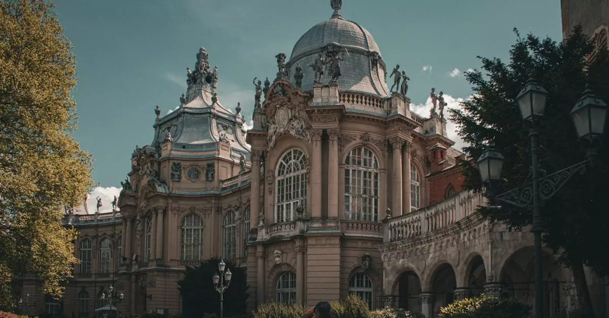 Stunning view of the historic dome and statues of a museum building in Budapest, Hungary.