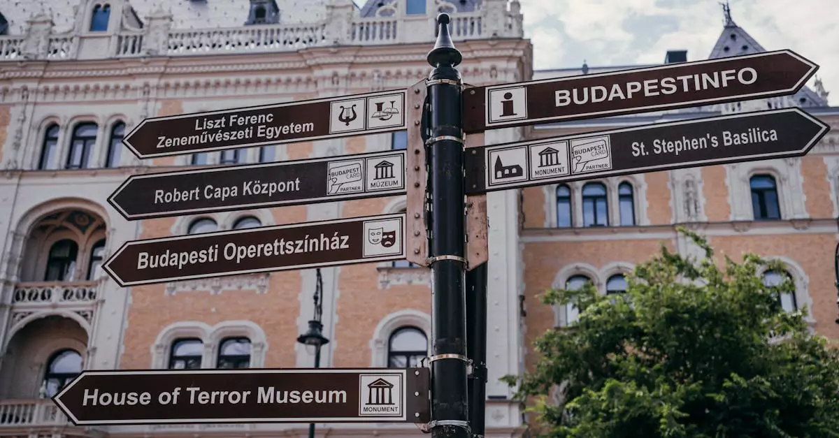 Street signpost showing directions to landmarks in historic Budapest, Hungary.