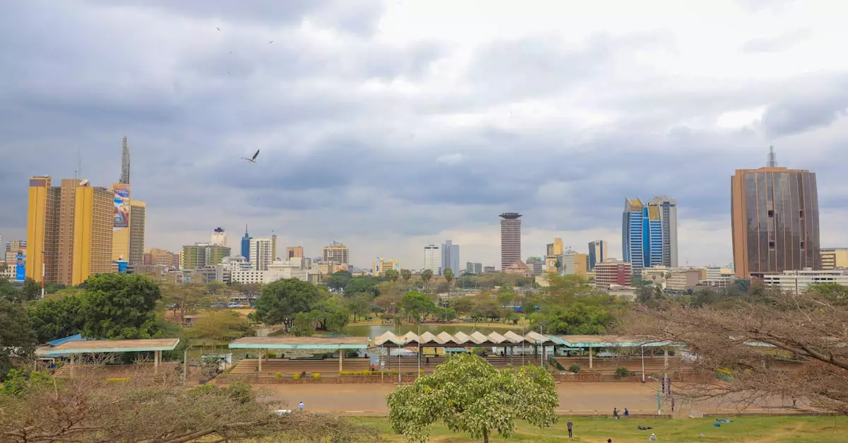 Panoramic view of Nairobi's skyline from Uhuru Park, showcasing urban architecture.