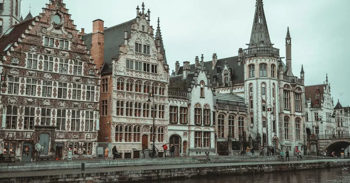 Beautiful traditional buildings on the waterfront in Ghent, Belgium.