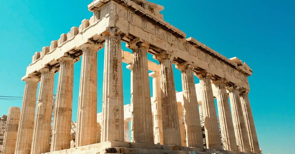 Impressive view of the ancient Parthenon in Athens against a clear blue sky.