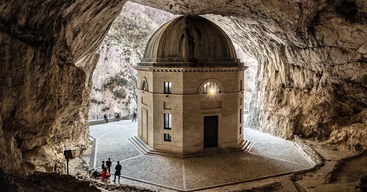 Scenic view of Tempio del Valadier within a cave in Genga, Italy. Iconic travel destination.